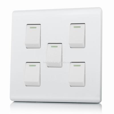 China Easy Installation Electric Switches 250V 10A 86x86 Plugs and Sockets Small Knob Electric Home Switches Electrical White PC 5 Gang Home Switches for sale