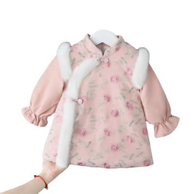 China Chinese style washable babies autumn and winter rose peach flower dress for sale