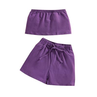 China Casual Girls' Clothes Pure Cotton Refreshing Purple Strapless Top + Shorts Girls' Suit for sale