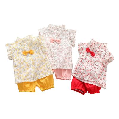 China Cotton Girl's Summer Flower Vest Small Bow Broken Lace Shorts Girl's Suit for sale