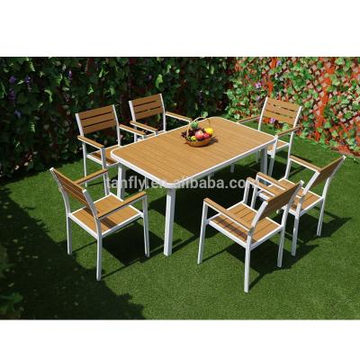 China UV Resistant and Waterproof Wooden Plastic Dining Table and 4 Chairs Set with White Legs for Outdoor Garden Sets for sale