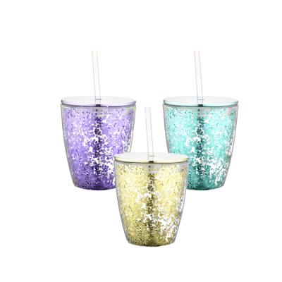 China Wholesale Promotion Plastic Viable Portable Water Bottle Glitter Plastic Cup With Lid And Straw for sale