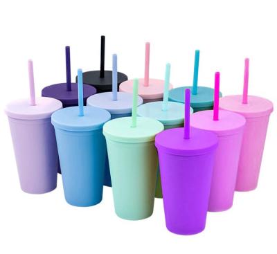 China Promotion 16oz Double Wall Sustainable Reusable Wholesale Lean Plastic Plastic Travel Cups Tumbler With Straw for sale