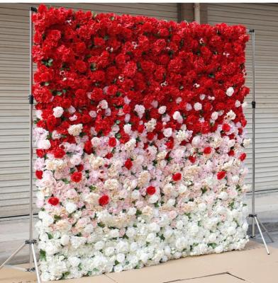 China European Wholesale Decorative 3D Rose Wall Luxury Wedding Flower Wall Rolled Up Red Artificial Flower Panels for sale