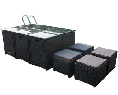 China 11PCS Alu Cube KD Poly Patio Poly Rattan Outdoor Indoor Dining Table Modern Wicker Garden Full Set With Glass And Chairs Sets for sale