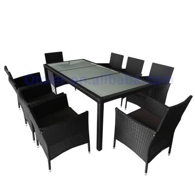 China 9PCS KD Poly PE Rattan Patio Outdoor Indoor Dining Table Modern Whole Set Wicker Garden With Glass And Chairs Sets for sale