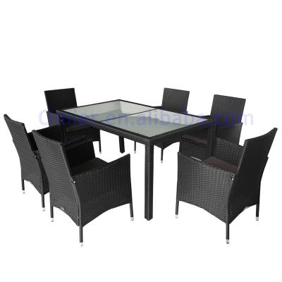 China 7PCS KD Poly PE Rattan Patio Outdoor Indoor Dining Table Modern Whole Set Wicker Garden With Glass And Chairs Sets for sale