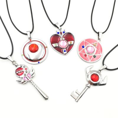 China Vintage Cartoon Sailor Moon Key Pendant Necklace Crystal Star Necklace Women Charmed Pink Pendant Scarf for sale