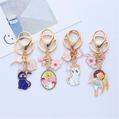 China Moon Design Women Metal Charm Pendant Keychain Sweet Cat Girl Car Key Chain Sailor Metal Cartoon Couples Creative Cute Bag Gift for sale