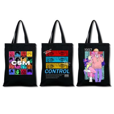 China Fashion Anime Chainsaw Man Manga Pochita Makima Graphic Black Canvas Printing Shopping Bags Girls Shape To Life Pacakge Casual Handbag for sale