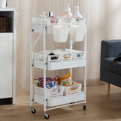 China 3 Tier Metal Collapsible Serving Trolley Folding Rolling Carts For Bathroom Kitchen Foldable Push Place Fruit Storage Baskets With 4 Wheel for sale