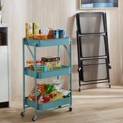 China Home Furniture 3 Tiers Hand Cart Foldable Colorful Mobile Storage Trolley Cheap Steel Rolling Metal Rack Rolling Trolley for sale