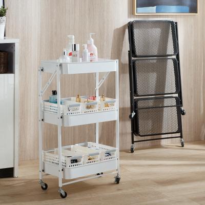 China 3 Tier Foldable Metal Kitchen Vegetable Storage Folding Trolley Mobile Serving Rolling Cart with Basket and Lock Caster Wheel for sale