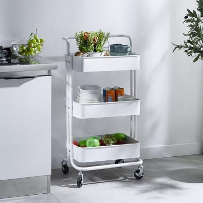 China Modern Metal Vegetable 3 Tiers Kitchen Storage Cart Mobile Serving Rolling Cart with Handle Basket and Lock Caster Wheel for sale