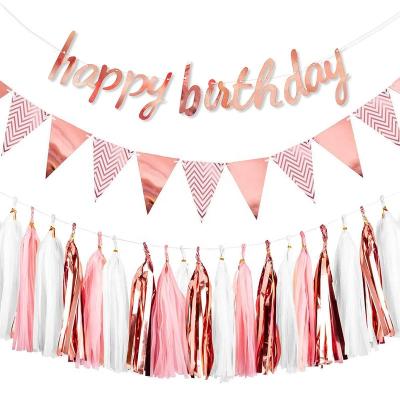 China Wholesale Rose Gold Triangle Flag Banners Party Factory Stripe Happy Birthday Letter Paper Bunting Banner Set With Tassel for sale