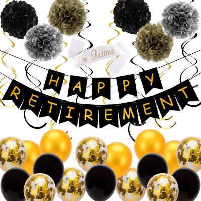 China Modern Happy Retirement Banner Set Pom Poms Latex Balloon Hanging Swirl Retirement Party Decoration Layout Balloon Set for sale