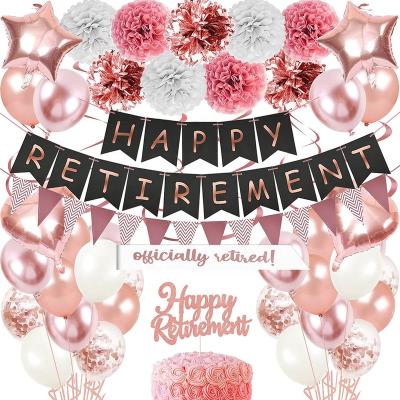 China Modern Latex Rose Gold Pompoms Cake Topper Latex Confetti Balloons Happy Retirement Paper Banner Decoration Set For Women for sale