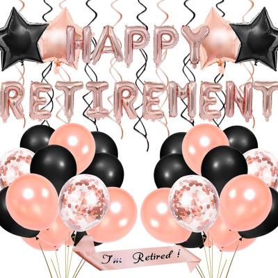 China Non-Toxic Black Pink Happy Retirement Party Props I'm Retired Sash Foil Swirl Latex Balloon Retirement Decoration Set for sale