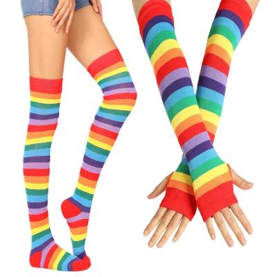 China Rainbow Antibacterial Arm Stockings Striped Knitted Colorful Fingerless Dance Ladies Thigh High Socks for sale