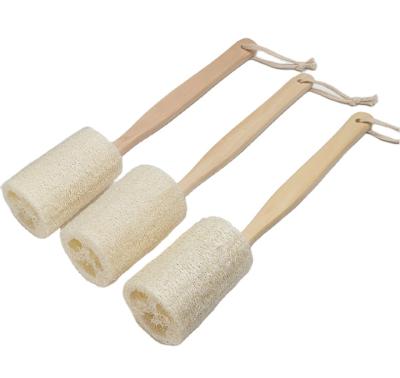 China All Natural 100% Natural Exfoliating Loofah Back Sponge Scrubber With Long Wooden Handle Stick Holder Body Shower Bath Spa for sale