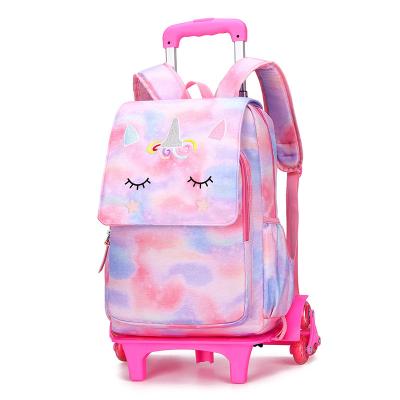 China Waterproof RTS in Running Cute Kids Bag Primary School Girls Removable Unicorn Trolley Bag with 3 Wheels Stair-Climb for sale