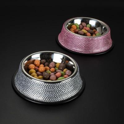 China Viable Wholesale Diamond Inlaid Pet Bowl Diamond Pet Supplies Acrylic Diamond Inlaid Stainless Steel Single Bowl Cat and Dog Bowl for sale