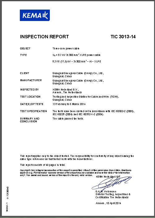 KEMA Test Report - Shanghai Shenghua Cable (Group) Co., Ltd.