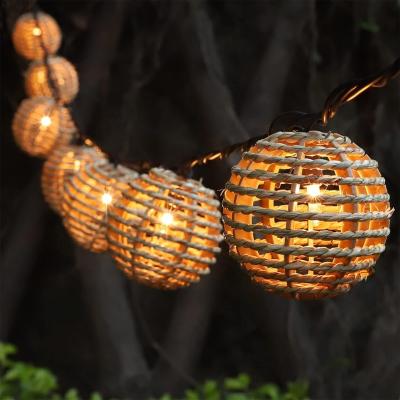 China Rattan lamp Outdoor Solar Decorative String Lights, 10 LED Warm White Patio Lights with Brown Wire Plastic Rattan Balls for Patio for sale