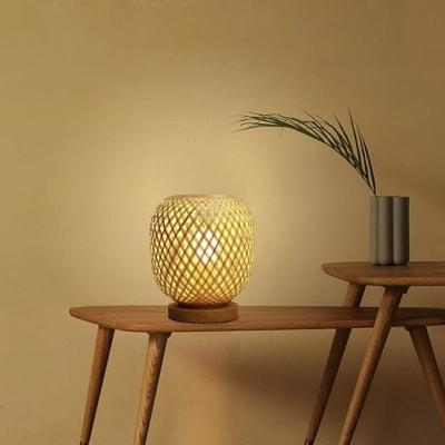 China Rattan lamp Bamboo Lampshade Bedside Table Lamp Wooden Base Bedroom Lamp Handmade Decorative Night Light for sale