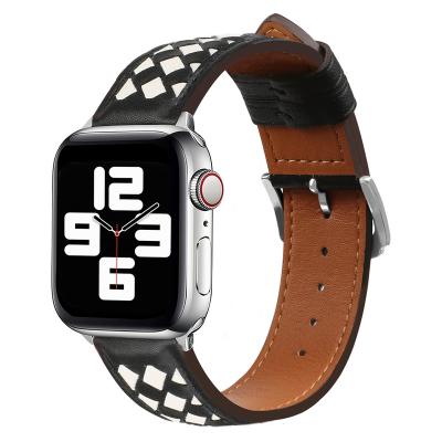 China Dermis Apple Watch Band Black White Leather Hand - Woven Fashion Patchwork Color 44 45 49mm For Applewatch87654321 Ultra Watch Band iwatch for sale