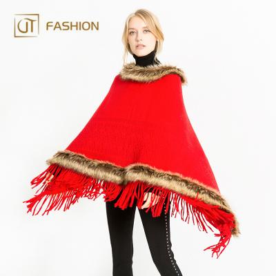 China Factory Cheap Soft Jtfur Women Knitted Faux Fur Trim Faux Fur Cape Shawl Coat for sale