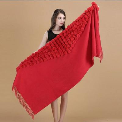 China Rabbit Fur& Cashmere Rabbit Fur& fashion high quality china cashmere wholesale rabbit trimmed cashmere shawls with hairy fur pompom for women for sale