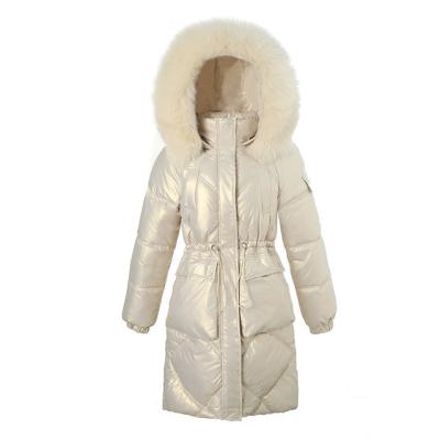 China Jtfur Shiny Winter Anti Wrinkle Down Coat With Fur Hood Women Oversized Mid Length Down Coat for sale