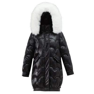 China Jtfur Anti Wrinkle Down Coat Women's Winter Warm Light Weight Loose Fitted Mid Length Down Coat With Fur Hood for sale