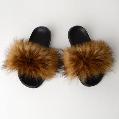 China Wholesale Unique Cute Plush Pom Pom Sandals Anti-slippery Raccoon Slippers PVC Plush Woman Faux Slipper Soft Fur Anti-slippery for sale