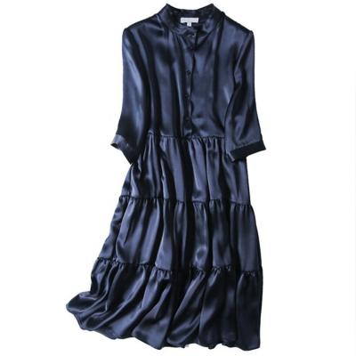 China Anti-Wrinkle OEM Custom 100% Silk Premium Quality Long Sleeve Knee Button Up Women's Silk Satin Dress for sale