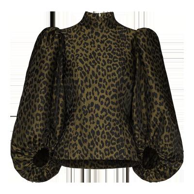 China Anti-pilling high neck fashionable Olive Green and long sleeve leopard puff blouse women jacquard black top blouse blouses for sale