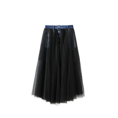 China Arvant Anti-Static Mid Waist Metal Buttons Guard Up Black Solid Mesh Wrap Denim Jeans Reversible Tulle Skirt for sale