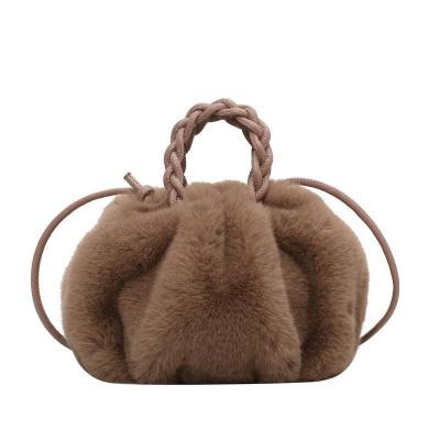 China Other Winter Single Shoulder Bag Women Plush Handbag with Braided Shoulder Strap Crossbody Round Bag for sale