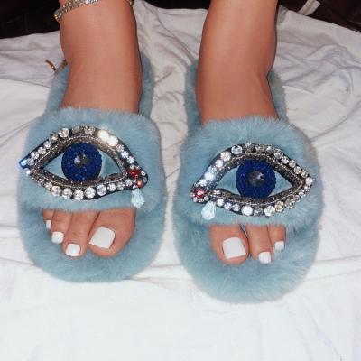 China Women Winter Pearl String Fashion Trend Glitter Eye Lazy Eye Fur Slides Casual Solid Flat Warm Crystal Slippers Slip On Brief Flip Flops Size 36-41 for sale