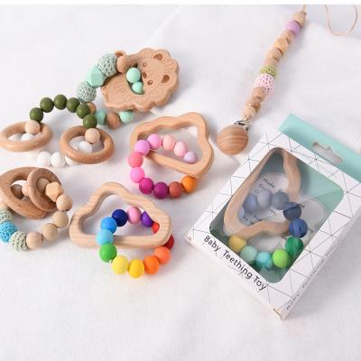 China BPA Free Wholesale Organic Wooden Teether Ring With Silicone And Crochet Beads Teether Toys Bracelet for sale