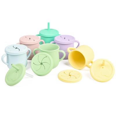 China Free Sample Bpa Free BPA Free With Straw 2 In 1 Toddler Drink With Straw Lid No Spill Baby Silicone Sippy Snack Cup for sale