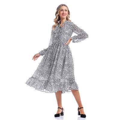 China 2021 Viable Bow Collar Long Sleeve Dress Leopard Printed Chiffon Summer Dresses Midi Casual Dresses for sale