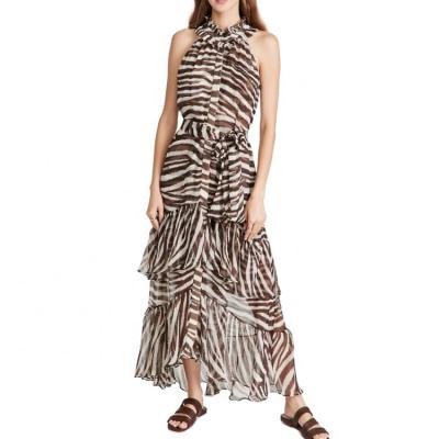 China Anti-Static Ladies Ruffle Maxi Dress Halter Neck Sleeveless Chiffon Print Zebra Print Casual Belted Casual Dress for sale