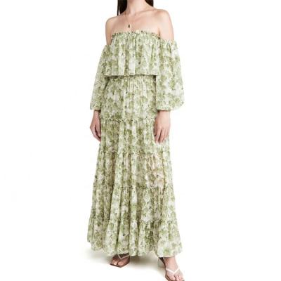 China Anti-Static Off Shoulder Floral Ladies Small Group Casual Maxi Dress Custom Chiffon Ruffle Tiered Dress for sale