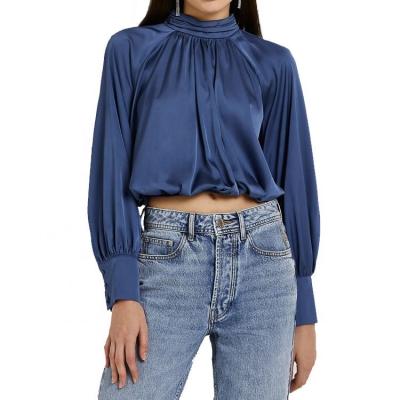 China Wholesale Fashion High Neck Satin Navy Fashion Anti-pilling Custom Made Long Sleeve Puff Sleeve Gathered Elegant Top Women for sale