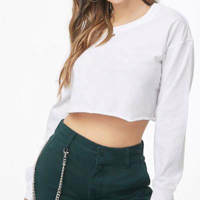 China Long Sleeve Anti-wrinkle 220g 95%Cotton 5%Spandex White T-shirt High Quality Crop Top Blank Long Sleeve Women T-Shirt for sale