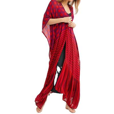 China Anti-pilling Semi Sheer Lightweight Mixed Print Ruffles Hem Front Open Front Women Red Maxi Long Kimonos for sale