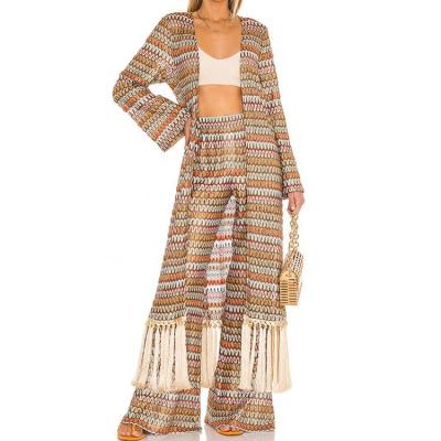 China Front Belt Tassel Hem Maxi Chevron Print Long Anti-Wrinkle Kimono Women's Casual Kimono for sale