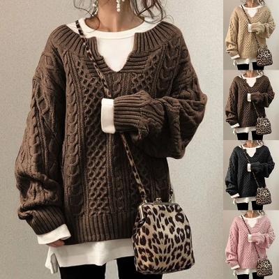 China Breathable 2022 Twist Pattern Knitted Sweater Women Loose Casual Long Sleeve V Neck Pullover Ladies Style Lazy Sweater for sale